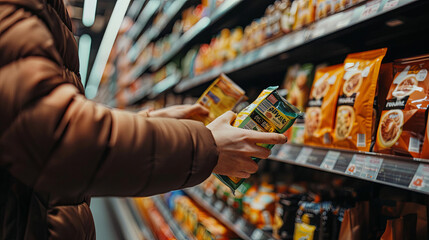 Close-up photograph of a shoppers hands comparing two products in a well-lit supermarket aisle...