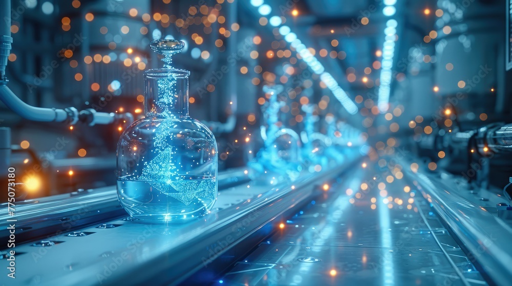 Poster Futuristic chemistry lab with holographic displays of molecular structures and DNA strands floating in the air. Generative AI.