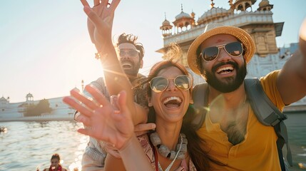 a group of happy tourists laughing and taking selfies with a majestic landmark in the background sunlight casting a warm glow on their faces - obrazy, fototapety, plakaty