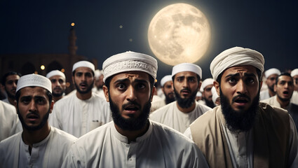 Group of men in traditional attire under the moon