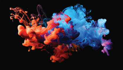 Acrylic blue and red colors in water. Inkblot. Abstract black background. Bright color clouds. Splash of color paint, water or smoke on dark background.