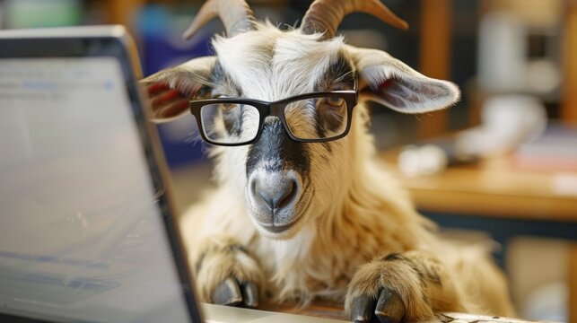 A goat wearing glasses and sitting at a computer desk, AI