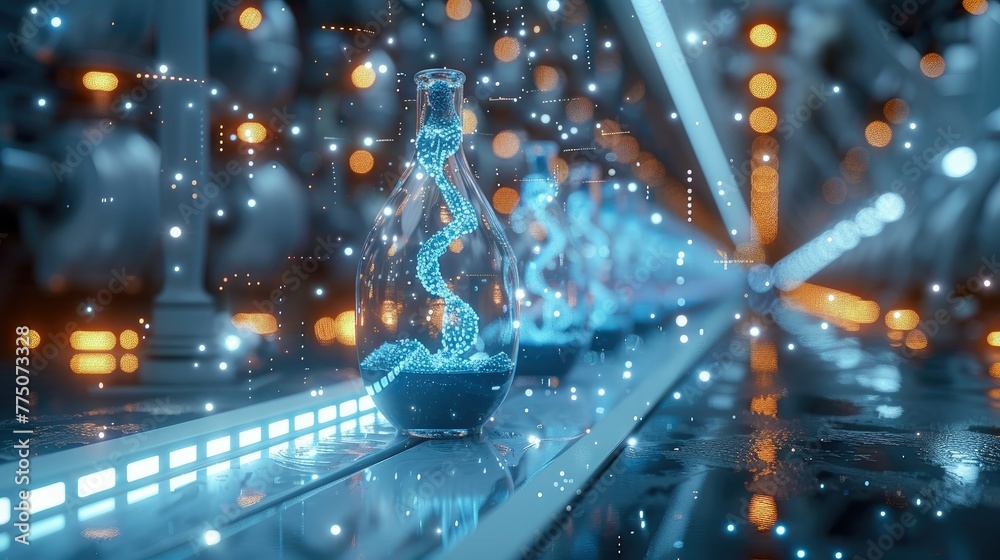 Poster Futuristic chemistry lab with holographic displays of molecular structures and DNA strands floating in the air. Generative AI.