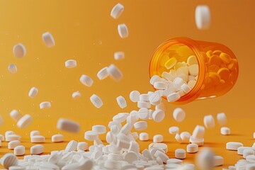 white pills falling from the prescription bottle tp the top of the table american orange colour plastic prescription bottle - obrazy, fototapety, plakaty
