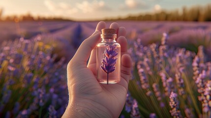 Ultra-realistic image of a hand holding a small open bottle of lavender oil