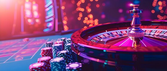 Casino theme with cards roulette wheel poker chips and tokens on a vibrant background. Concept Casino Theme, Cards, Roulette Wheel, Poker Chips, Vibrant Background - obrazy, fototapety, plakaty