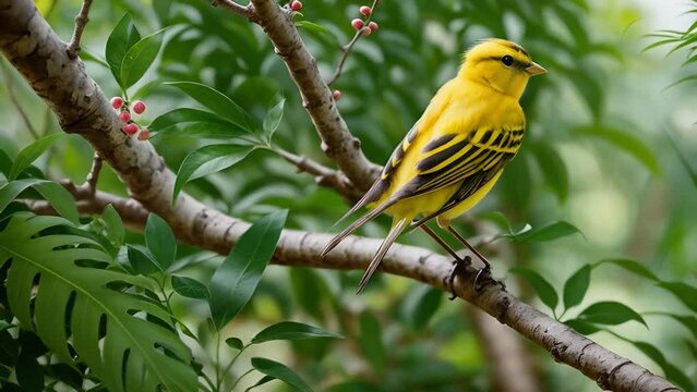 Yellow little canary bird sitting on the branch of tropical wood