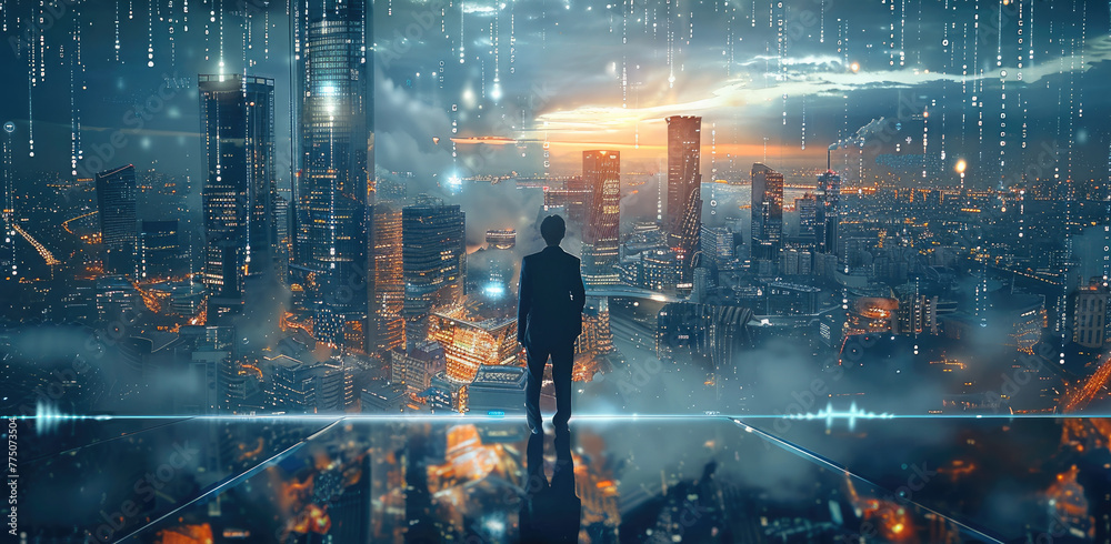 Aufkleber double exposure of abstract city background with business graph, business man on future network city