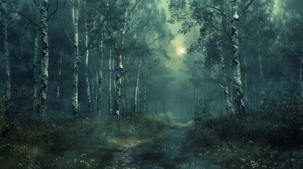 enchanted forest where shadows cling to the bark of silver-birch trees like dark velvet - obrazy, fototapety, plakaty