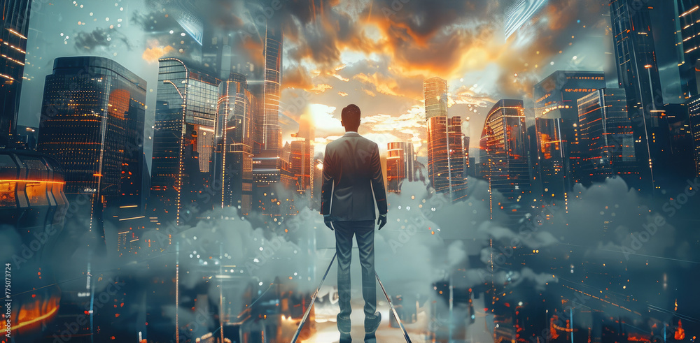 Poster double exposure of abstract city background with business graph, business man on future network city