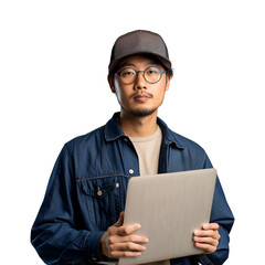 Half Body Portrait of an Asian Man: Network Security Hacking as a Computer Programmer with Laptop, Isolated on Transparent Background, PNG
