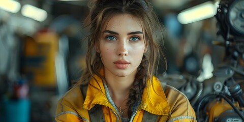 Fototapeta premium Woman mechanic repairing car engine in automotive workshop. Concept Automotive Workshop, Car Repair, Woman Mechanic, Engine Maintenance, Working Woman