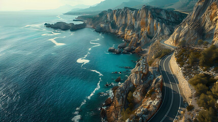 An aerial view of a scenic coastal highway winding along dramatic cliffs