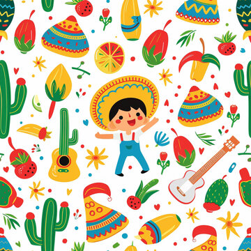 Flat illustration, pattern on a Mexican theme, Mexican, cacti, pizza, bottle, fruit on a white background.