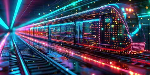 Fototapeta na wymiar A train passes through a tunnel illuminated by vibrant neon lights
