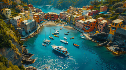 An aerial view of a scenic coastal town with colorful boats bobbing in the harbor - obrazy, fototapety, plakaty