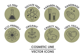Vegan Organic Cosmetic Line Icons Set in Flat Style Black and Green