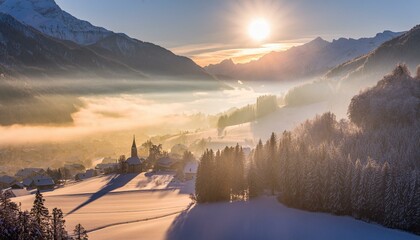 sunrise over mountain valley village
