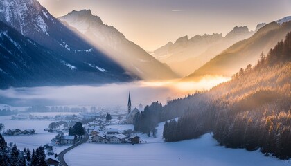 mountain village at sunrise