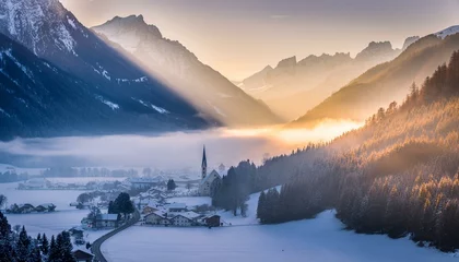 Cercles muraux Matin avec brouillard mountain village at sunrise