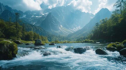 High mountains and flowing water, a quiet and beautiful atmosphere. Generative AI. - obrazy, fototapety, plakaty