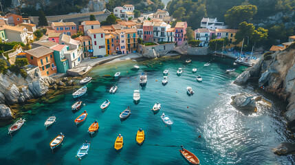 An aerial view of a scenic coastal town with colorful boats bobbing in the harbor - obrazy, fototapety, plakaty