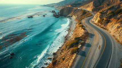 An aerial view of a scenic coastal highway winding along rocky cliffs