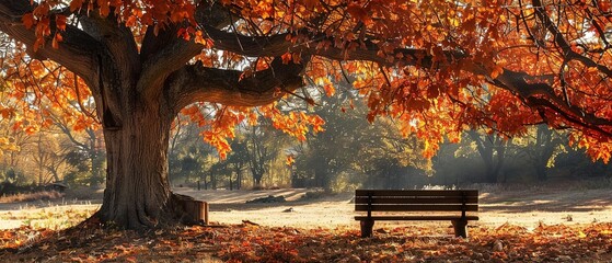 A rustic wooden bench nestled beneath a towering oak tree, its branches laden with fiery leaves, creating a warm and inviting haven. - obrazy, fototapety, plakaty