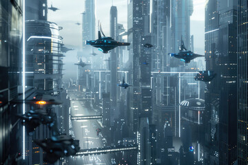 A futuristic city with AI-powered robots flying through the air