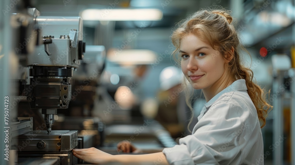 Poster a woman is working at a cnc machine in the workshop of an aluminium processing company. generative a