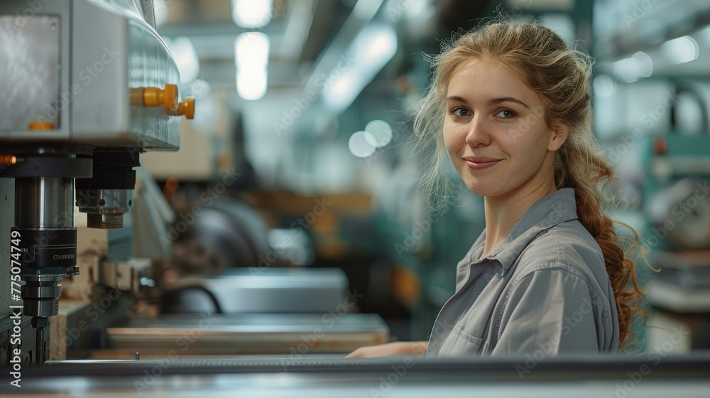 Poster a woman is working at a cnc machine in the workshop of an aluminium processing company. generative a