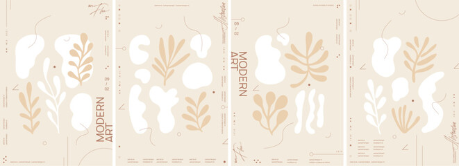 A set of four designs for an A4 flyer with abstract shapes and plant forms in beige tones on a light background in a boho style. Minimalistic vector illustrations with clean lines and soft curves. - 775074702