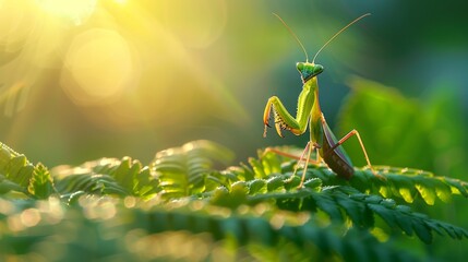 Praying mantis in jungle  macro portrait with morning light and realistic details
