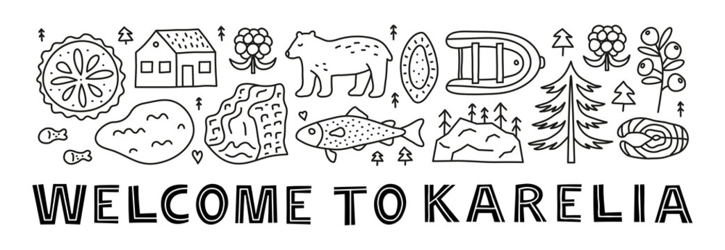 Poster with lettering and doodle outline Karelia landmarks and attractions including kizhi pogost, cloudberry, fish, flag, fir tree, etc isolated on white background.