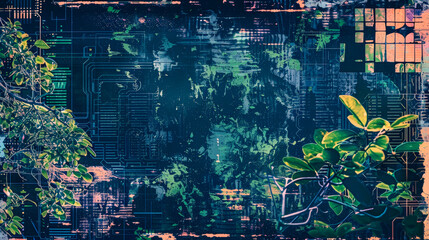 high tech pattern to border poster, dark colors, greens and blues, resembling a high tech computer screen image