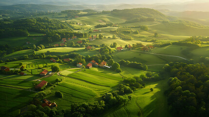 An aerial view of a serene countryside dotted with quaint villages