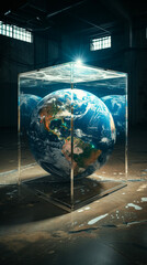 The earth is contained in an acrylic box, light color
