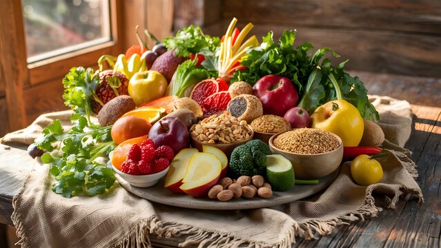Healthy food with organic fruit, vegetables, grains and high fibre foods on a rustic wooden table