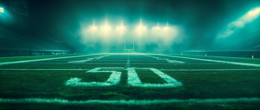 Misty American Football Field with Glowing Stadium Lights and Yard Line Numbers at Night
