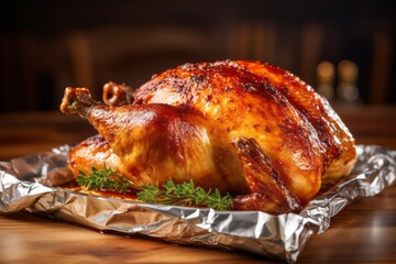 Tasty roast chicken on a wooden board against an aluminum foil background