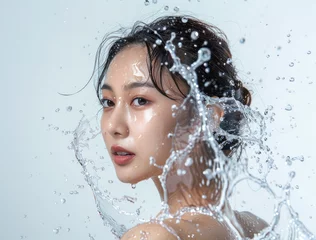 Poster A beautiful korean woman has water splashing on her face against a white background in a simple composition portraying feminine beauty © Kien