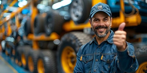 Mechanic giving a thumbs up next to a car tire in an auto repair shop. Concept Auto Repair, Thumbs Up, Mechanic, Car Tire, Automotive Industry - obrazy, fototapety, plakaty
