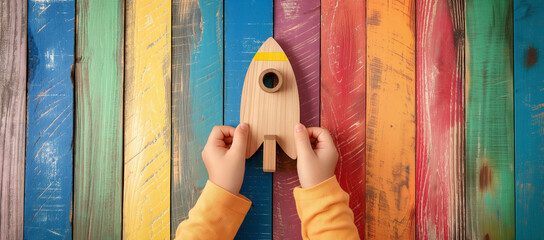 Child's Hands Holding Colorful Wooden Rocket Toy Against Vibrant Multicolored Plank Background