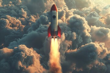 Breathtaking photo of a powerful rocket soaring through a sea of clouds, bathed in sunlight