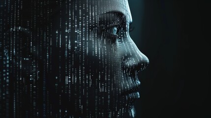 Digital portrait of an AI robot, its features defined by lines of binary code against a simple, dark background.
