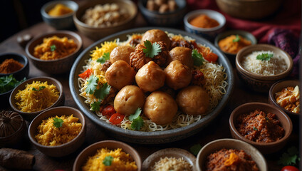 Southeast Asian traditional delicacies served to commemorate Eid al-Fitr, including bakso (meatball soup) and an array of other regional specialties.