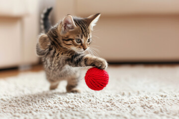 A kitten plays with a ball of red yarn