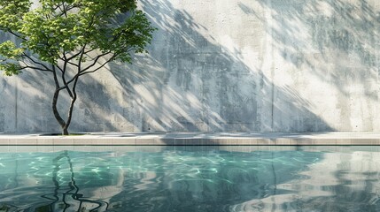 Nature-Inspired Concrete Wall Mockup: Reflecting Pool and Tree Shadow - obrazy, fototapety, plakaty