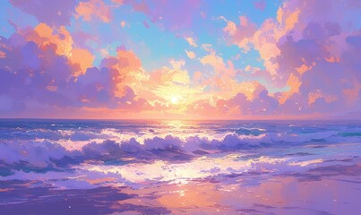 A breathtaking sunset over the ocean, with vibrant colors painting the sky and waves crashing onto an empty beach. 