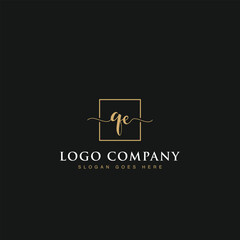 Initials signature letters QE linked inside minimalist luxurious square line box vector logo gold color designs for brand, identity, invitations, hotel, boutique, jewelry, photography or company signs